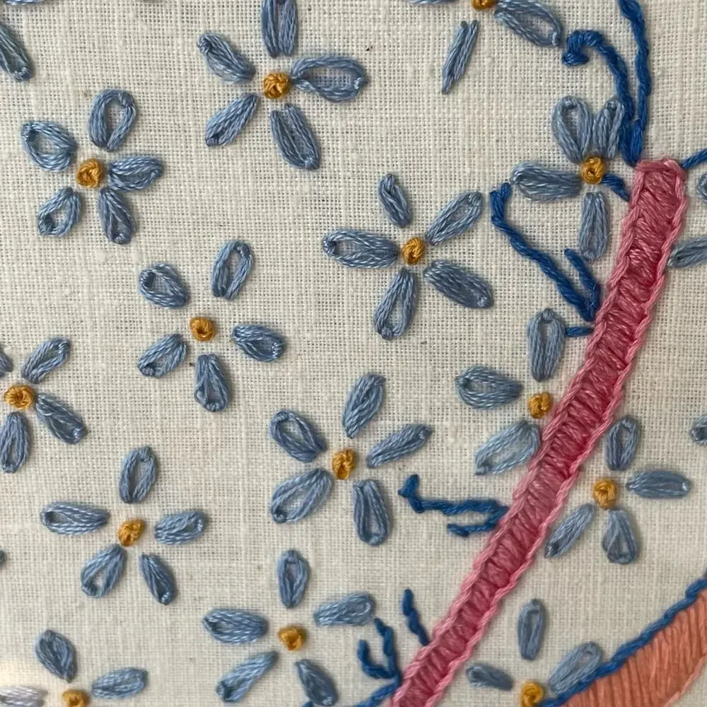Holly Hobbie Crewel Embroider Art Matte Blue Metal Frame Needlework Vtg READ